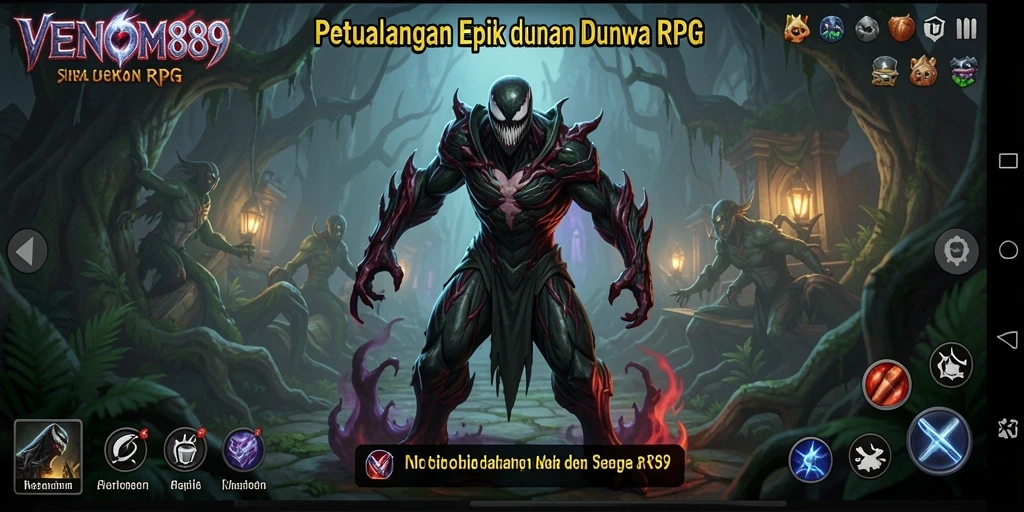 Tangkapan layar utama VENOM889 menampilkan pertarungan epik dalam dunia RPG.